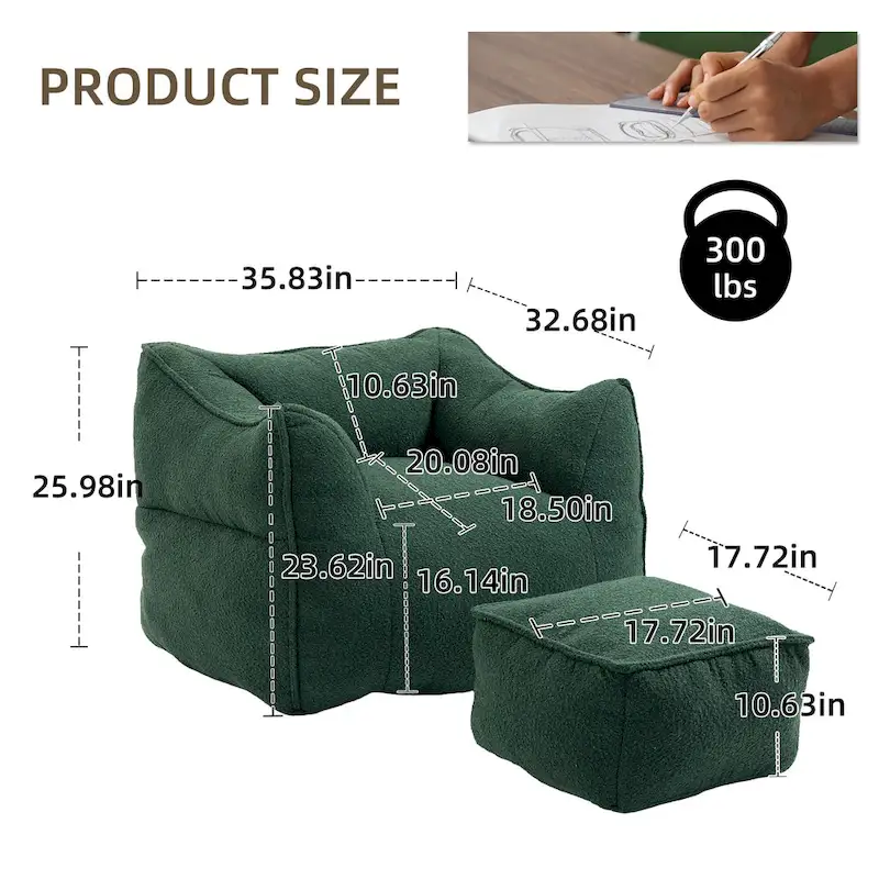 Boucle Upholstered Deep Seat Armless Square Bean Bag Chair with Ottoman