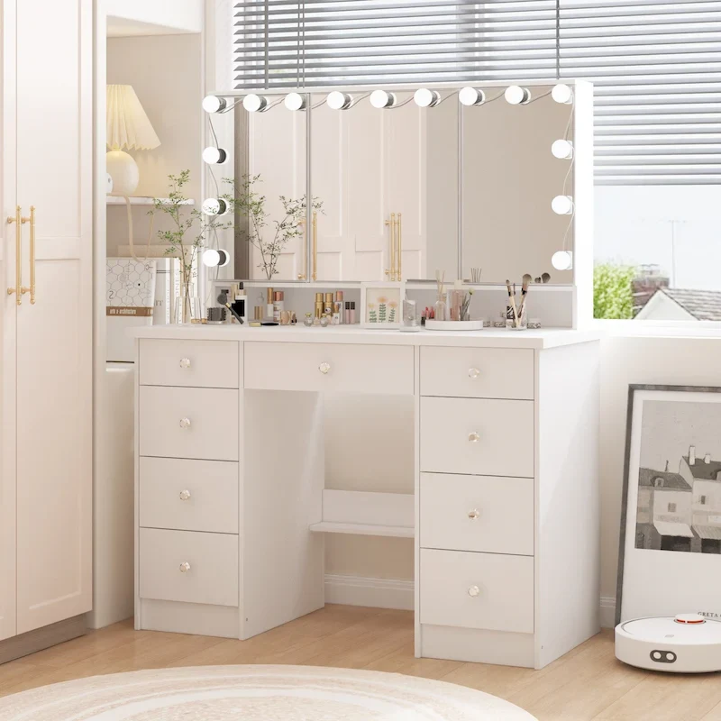 Luxurious LED Makeup Vanity with 9 Drawers Elegant Makeup Station