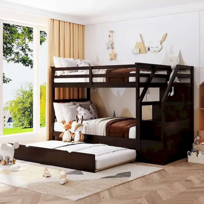Twin-Over-Twin Bunk Bed with Trundle and Storage Stairs - Espresso