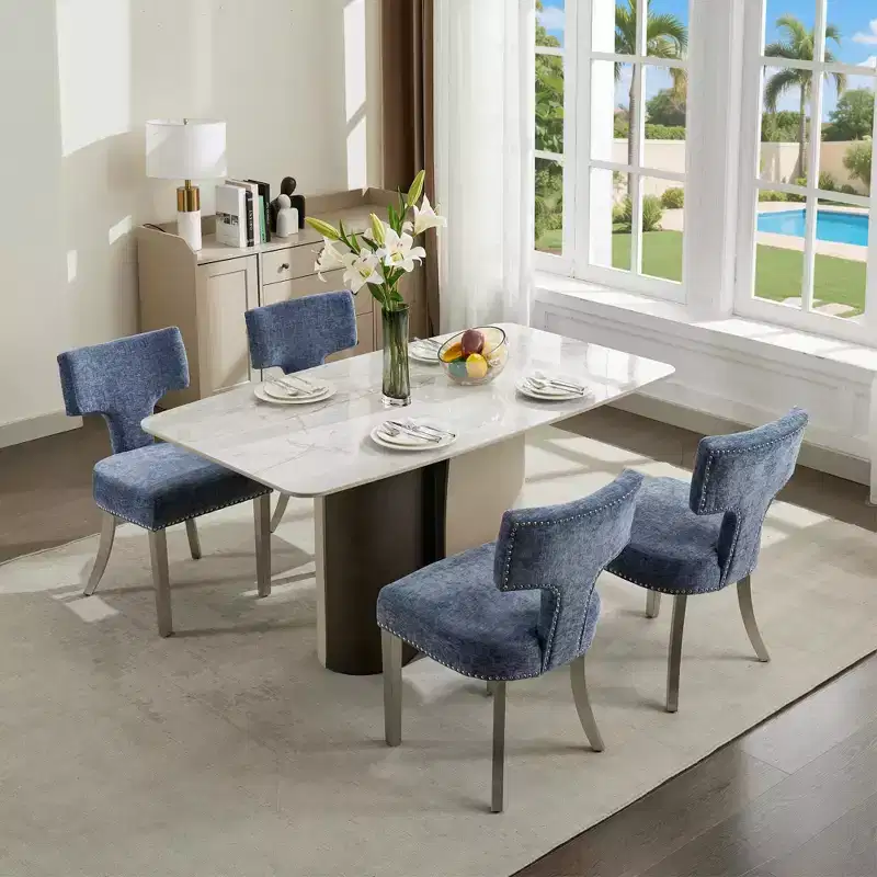 CLIHOME Set of 2 Mid Century Modern Dining Chairs, Farmhouse Chenille Fabric Upholstered Accent Chair Curved Backrest