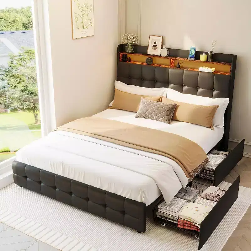 GuatoWave Upholstered Bed Frame with LED Light USB Port Headboard and 2 Storage Drawers