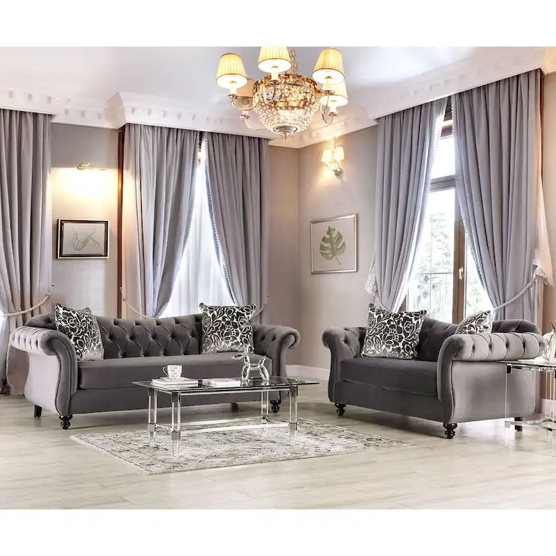 Addae Glam Grey Velvet Fabric Upholstered Button Tufted Sofa by