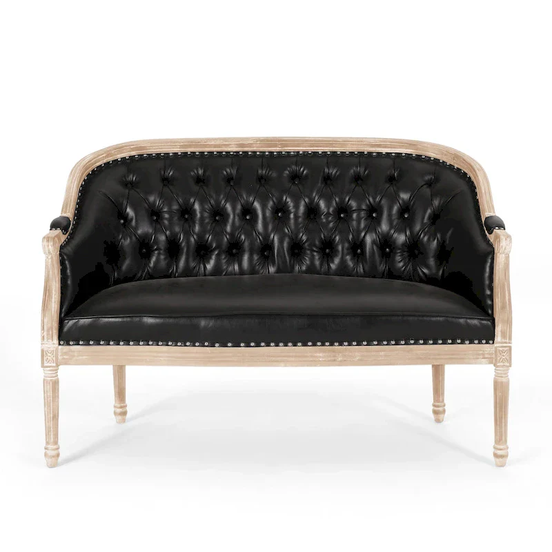 Button-Tufted Upholstered Loveseat with Scrolled Arms and Nailhead Trim
