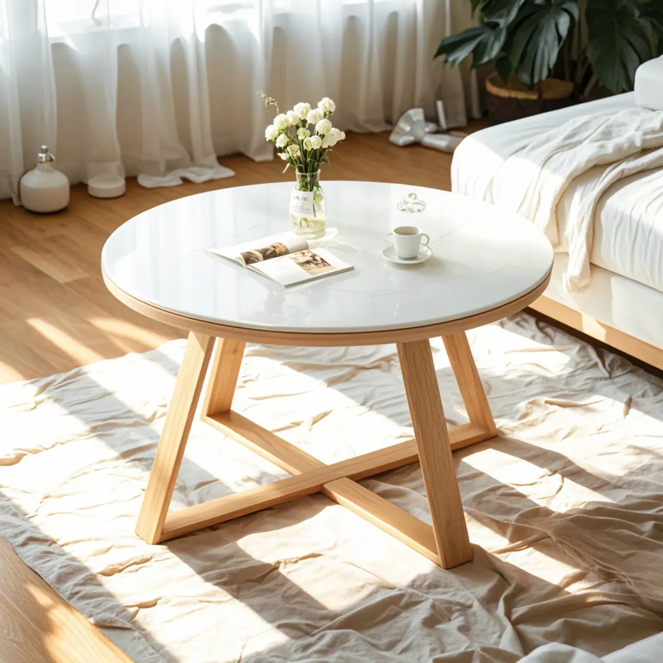 Modern Marble Round 2 Nesting Coffee Table Set with Wood Base