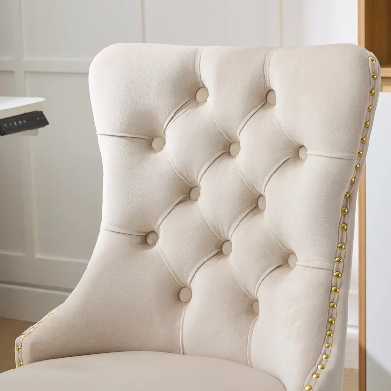 A&A Gray Velvet Tufted Home Office Chair with Golden Metal Base - Adjustable Swivel Desk Chair