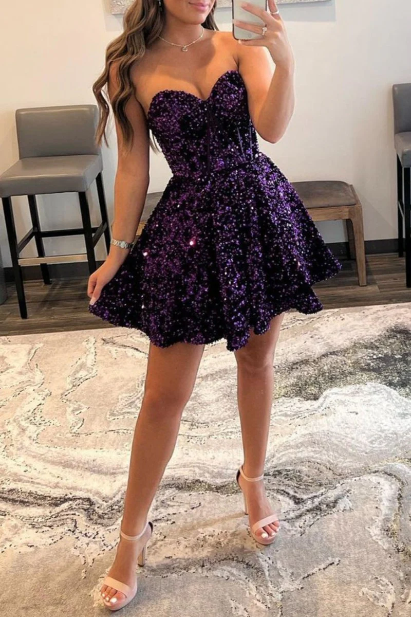 A Line Sweetheart Purple Sequins Short Homecoming Dress