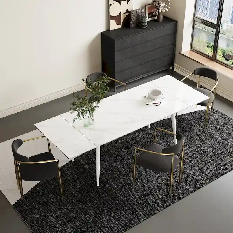 7 - Piece Extendable Sintered Stone Dining Table Dining Set With 6 Fabric Chairs