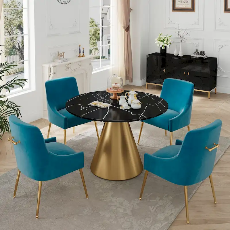 Clihome 5 Piece Black Marble Top Table with Velvet Dining Chair Set