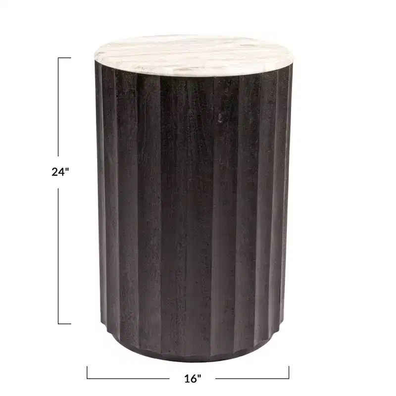 Storied Home Round Mango Wood Fluted Side Table with Marble Top, Black Finish