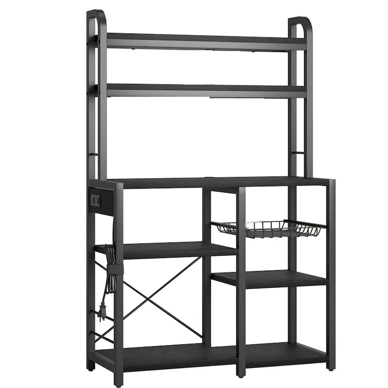 Kitchen Bakers Rack with Power Outlet, Wire Basket