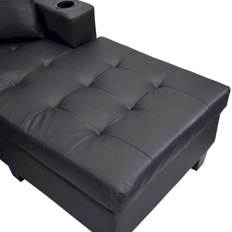 Black 96.06 Modern L-Shaped 4 Seater Sectional Sofa with Chaise Lounge, Cup Holders, and Throw Pillows