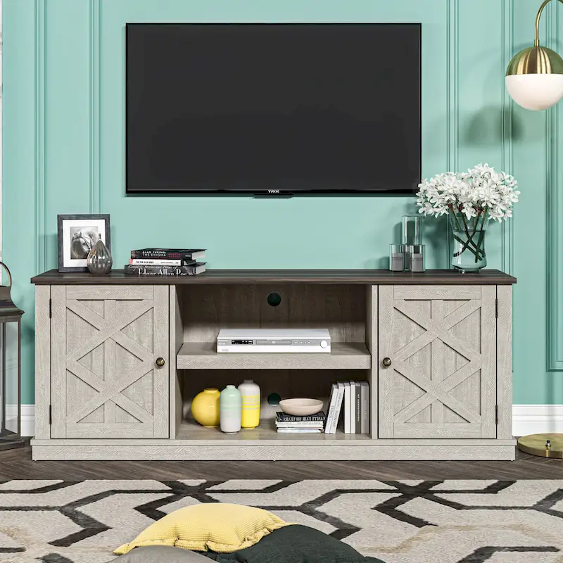 64 in. Farmhouse TV Stand with Swing Doors and Adjustable Shelves – White Wash / Blue
