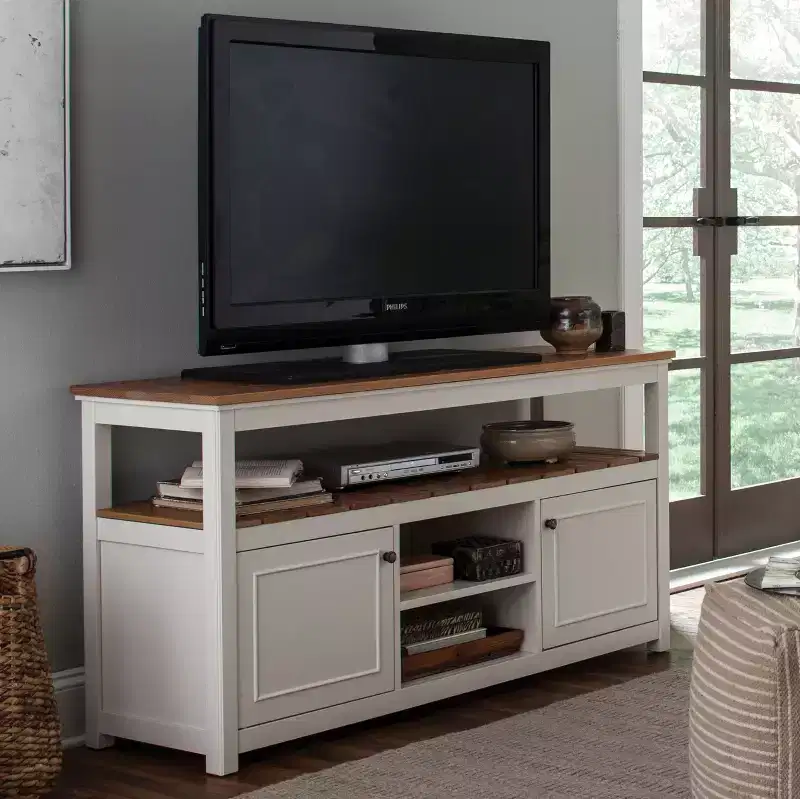 Savannah Cabinet Natural Top Wood TV Stand for TVs up to 64" Ivory - Alaterre Furniture