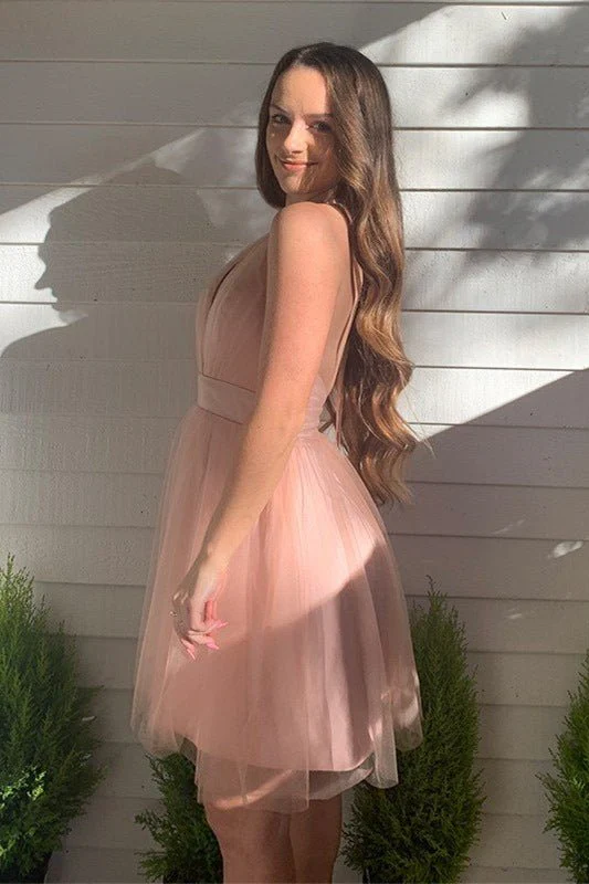 A-line Blush Deep V-Neck Tulle Homecoming Dress