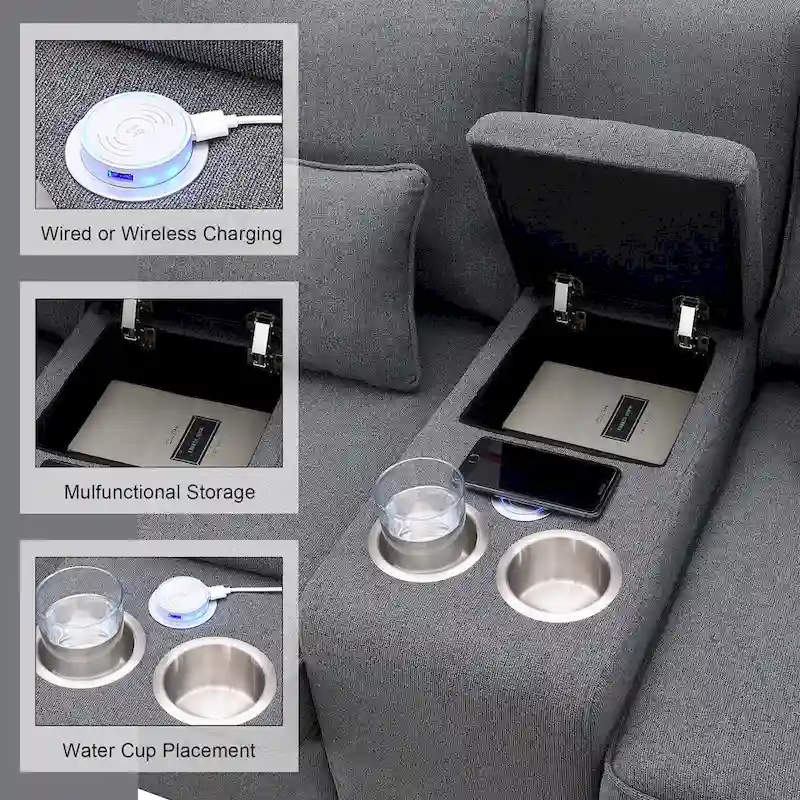 Modern Linen Fabric Upholstered Sofa with Console, 4Pillows,Cupholders,USB