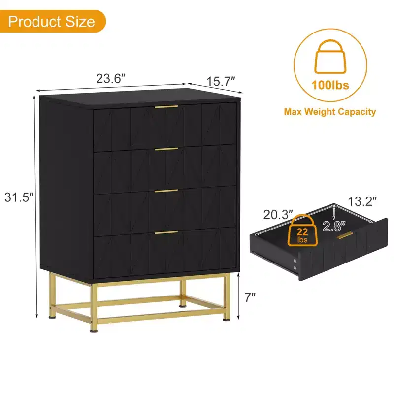 4 Drawer Dresser, Modern Dressers & Chests of Drawers for Bedroom, Wood Dresser Chest Organizer with Metal Legs,