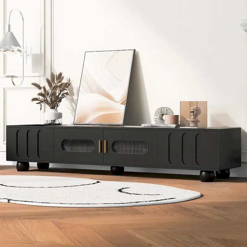Modern TV Stand with Glass Door 2 Drawers and Cabinets for TVs up to 80 Inches