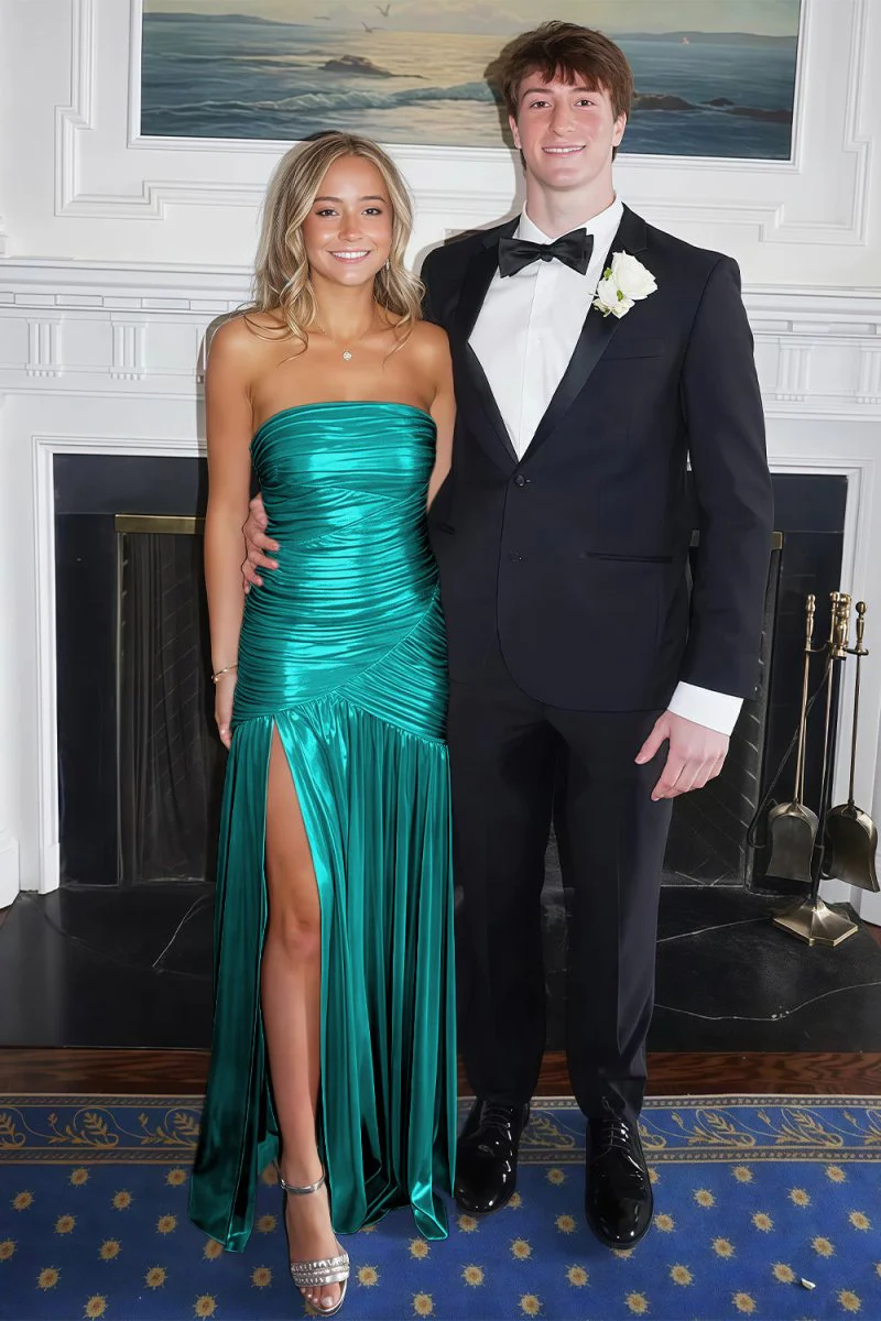 Champagne Mermaid Strapless Metallic Long Prom Dresses with Pleats