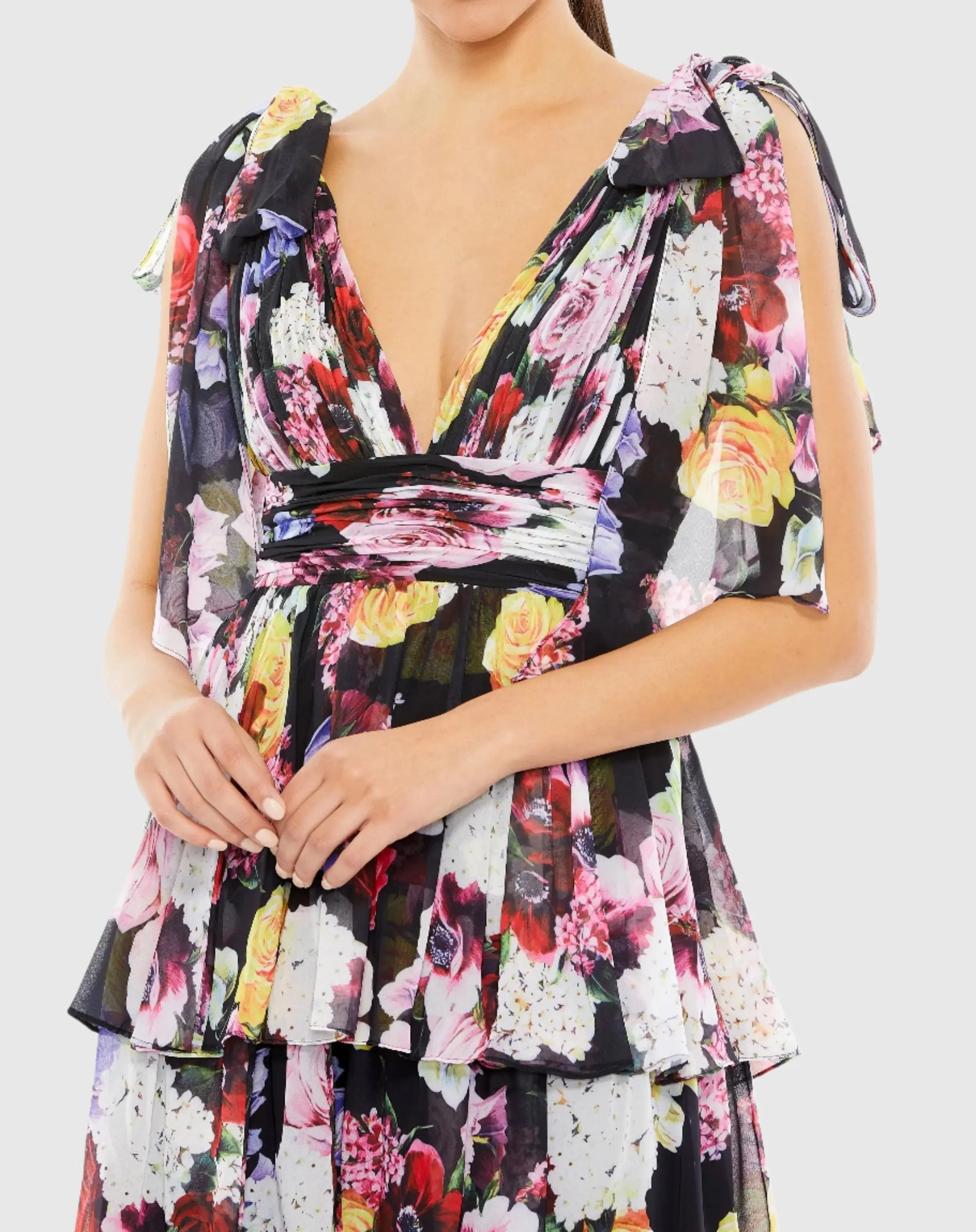 Multicolor Floral Print Ruffled Sleeveless Soft Tie Dress