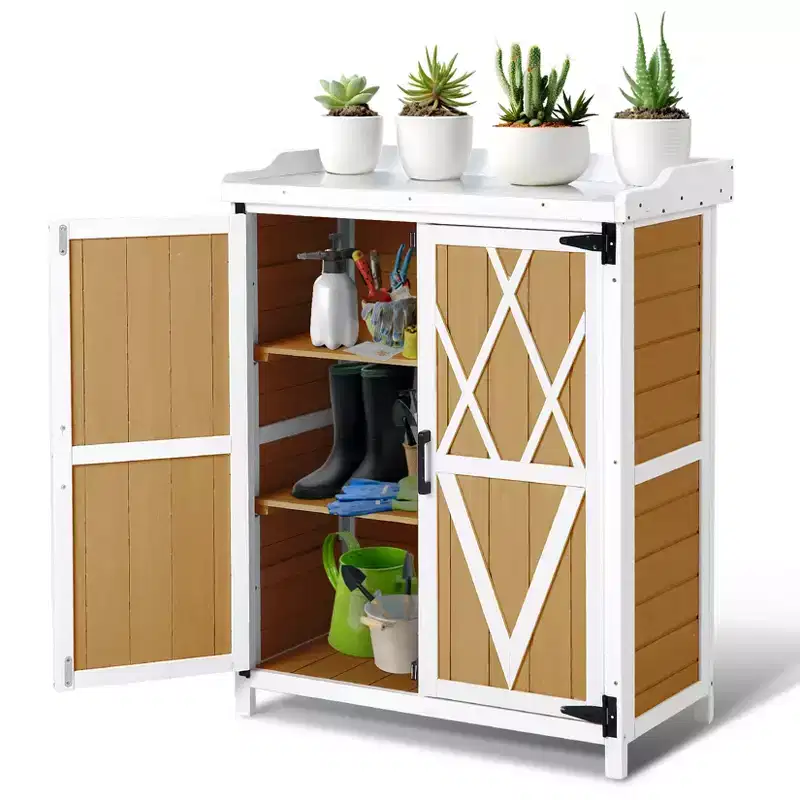 COZONY Outdoor Wooden Storage Cabinet with Metal Top Waterproof Double Door Garden Potting Workbench for Backyard Patio