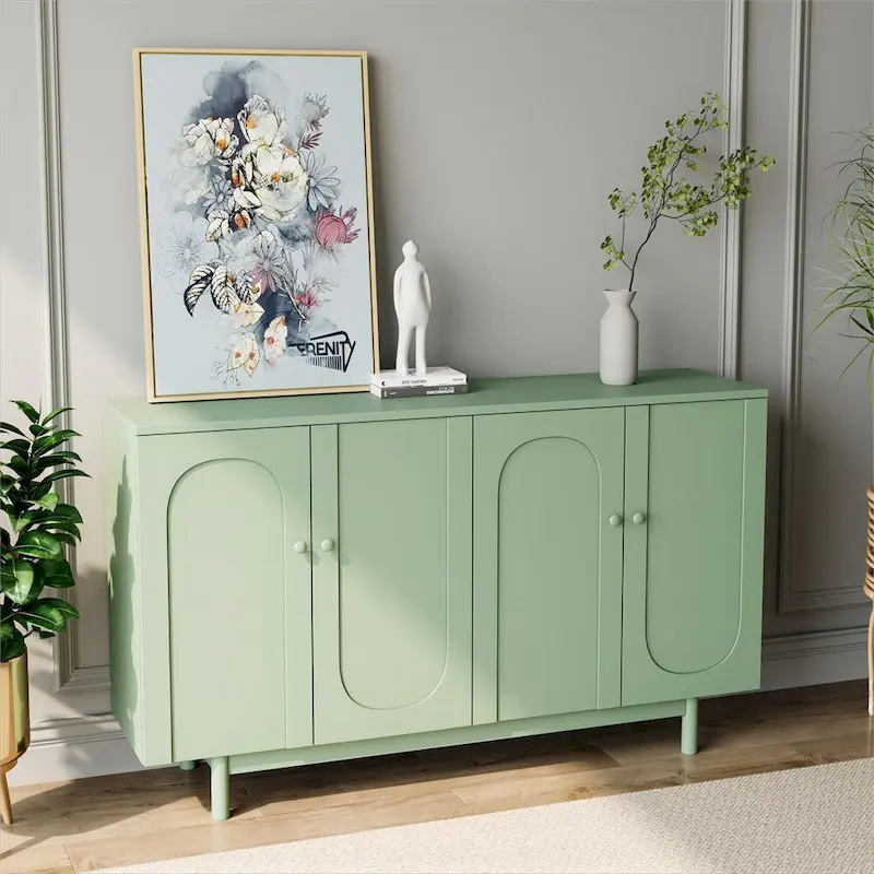 White / Mint Green 4-Door Storage Cabinet, Minimalist Style, Single