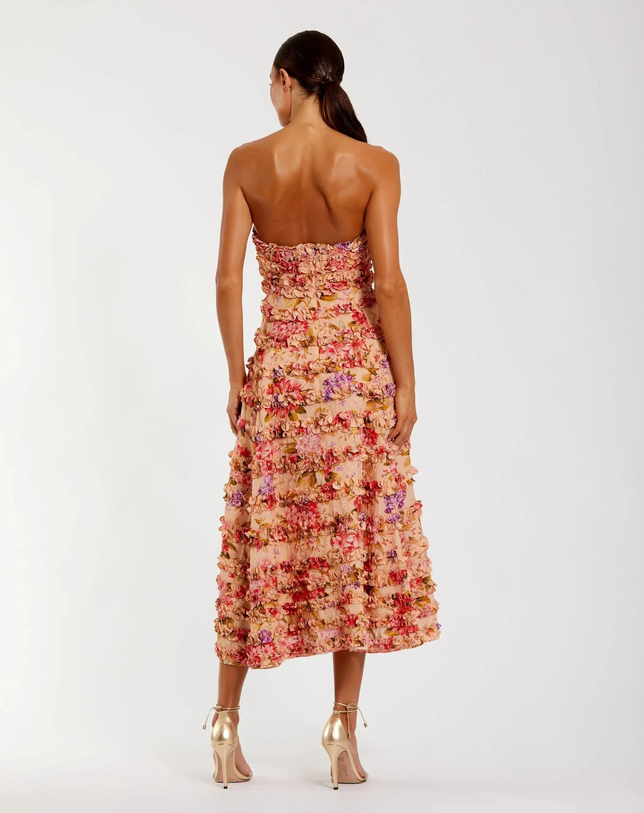 Pink Floral Strapless Ruffle Midi Dress