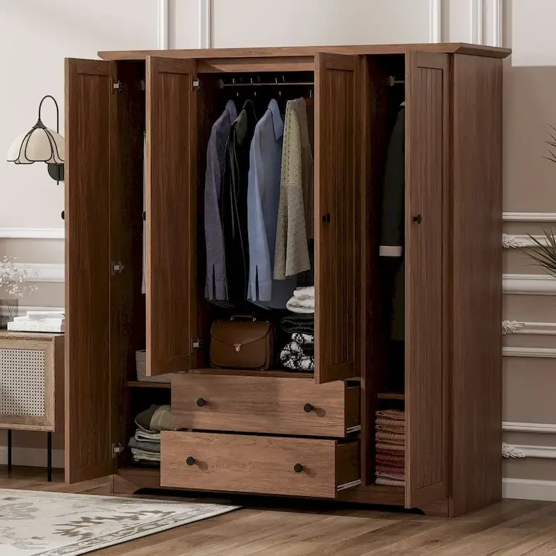 4 Door Wardrobe Armoire Closet with 2 Drawers, Freestanding Wardrobe Clothes Storage Cabinet with Hanging Rods