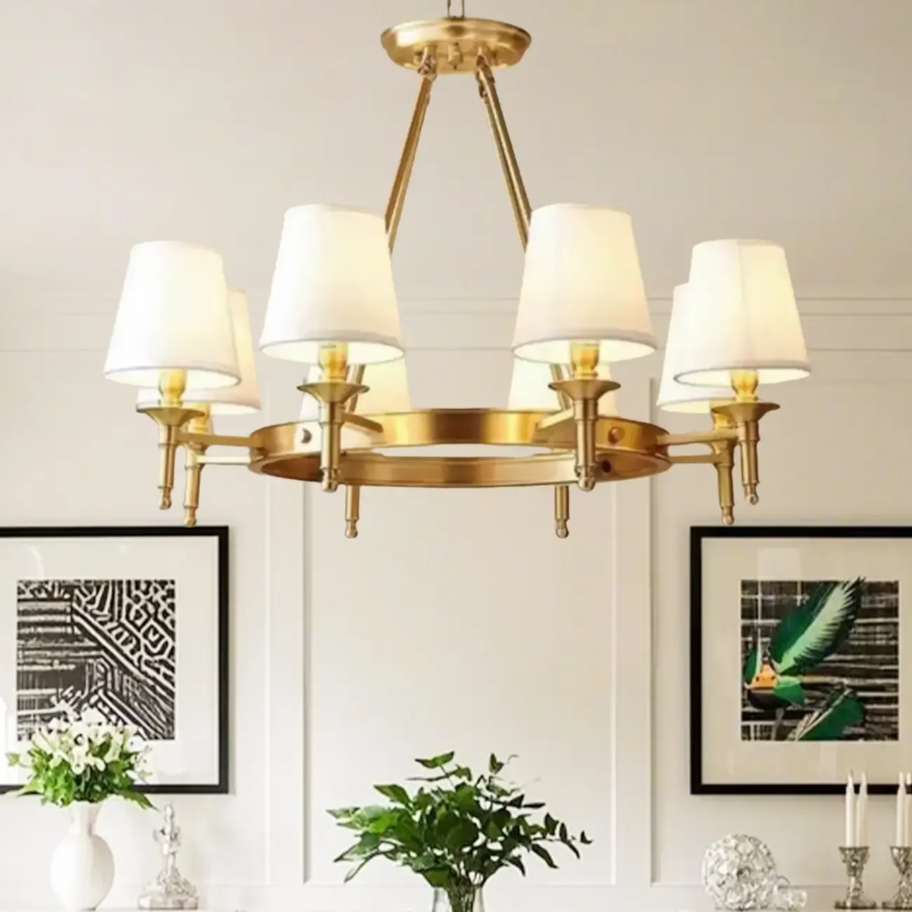 Vintage Gold Round Chandelier with Fabric Cone Lampshade