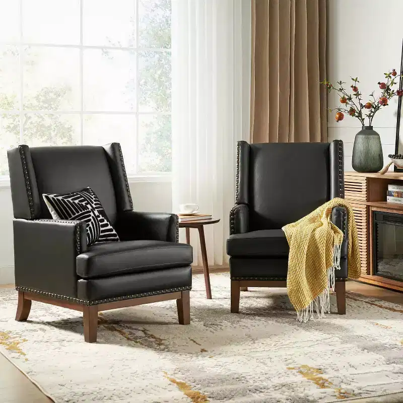 Pedro Genuine Leather Arm Chair with Solid Wood Frame and Removable Seat Cushion Set of 2|ART OF LIVING DESIGNS