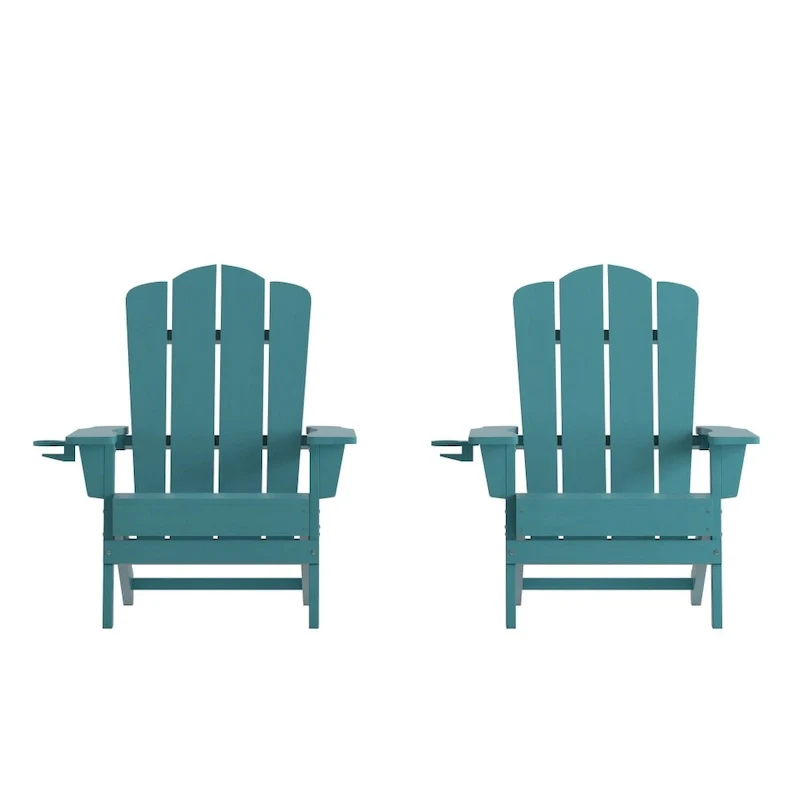 Set of 2 Commercial All-Weather Adirondack Chairs with Cupholders