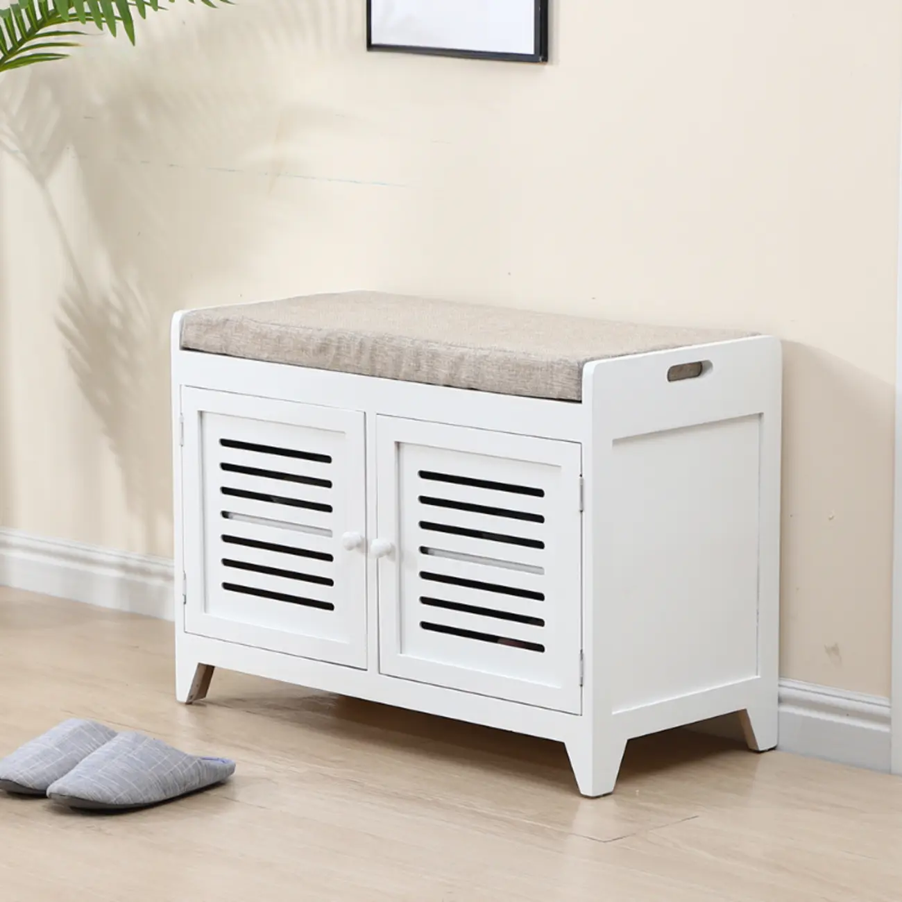 Entryway Wooden Cushioned Shoe Bench with Cabinet