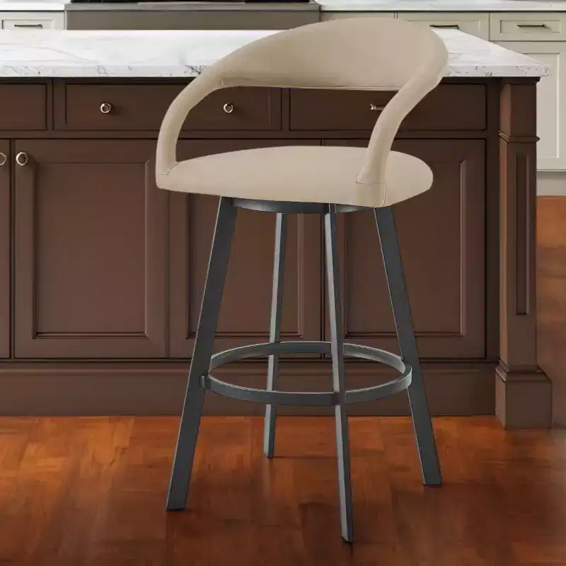 HomeRoots 26 Beige and Black Faux Leather and Iron Low Back Counter Height Swivel Bar Chair