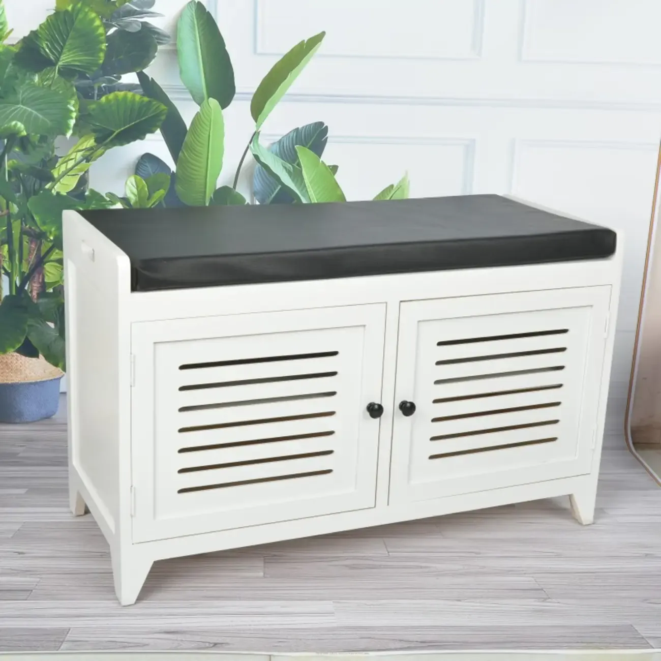 Entryway Wooden Cushioned Shoe Bench with Cabinet