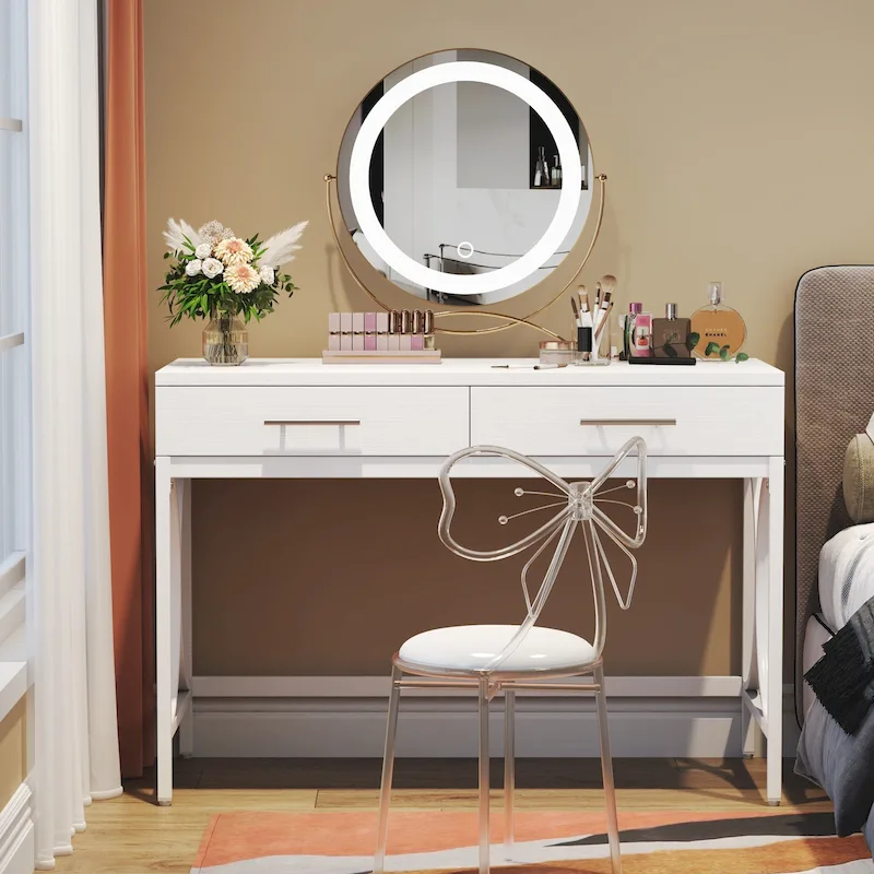 Modern Computer Writing Desk with 2 Drawers, White and Gold Home Office Desk, Makeup Vanity Table