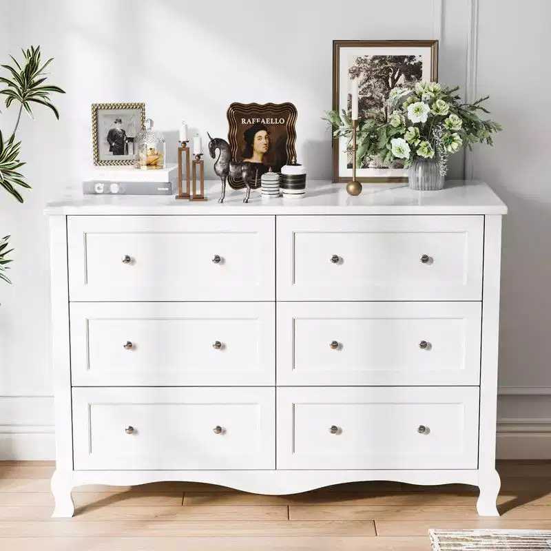 Karl Home White P2 Density Board Painted 47.2in 6 Drawer French Curved Legs