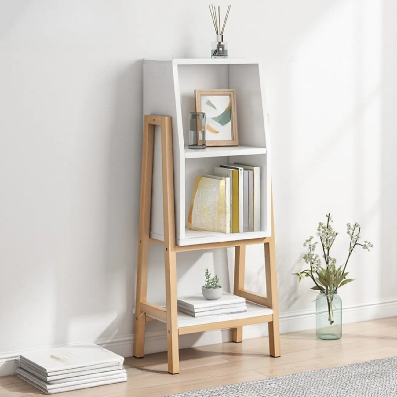 Narrow 2-Tier Natural White Wooden Ladder Bookcase