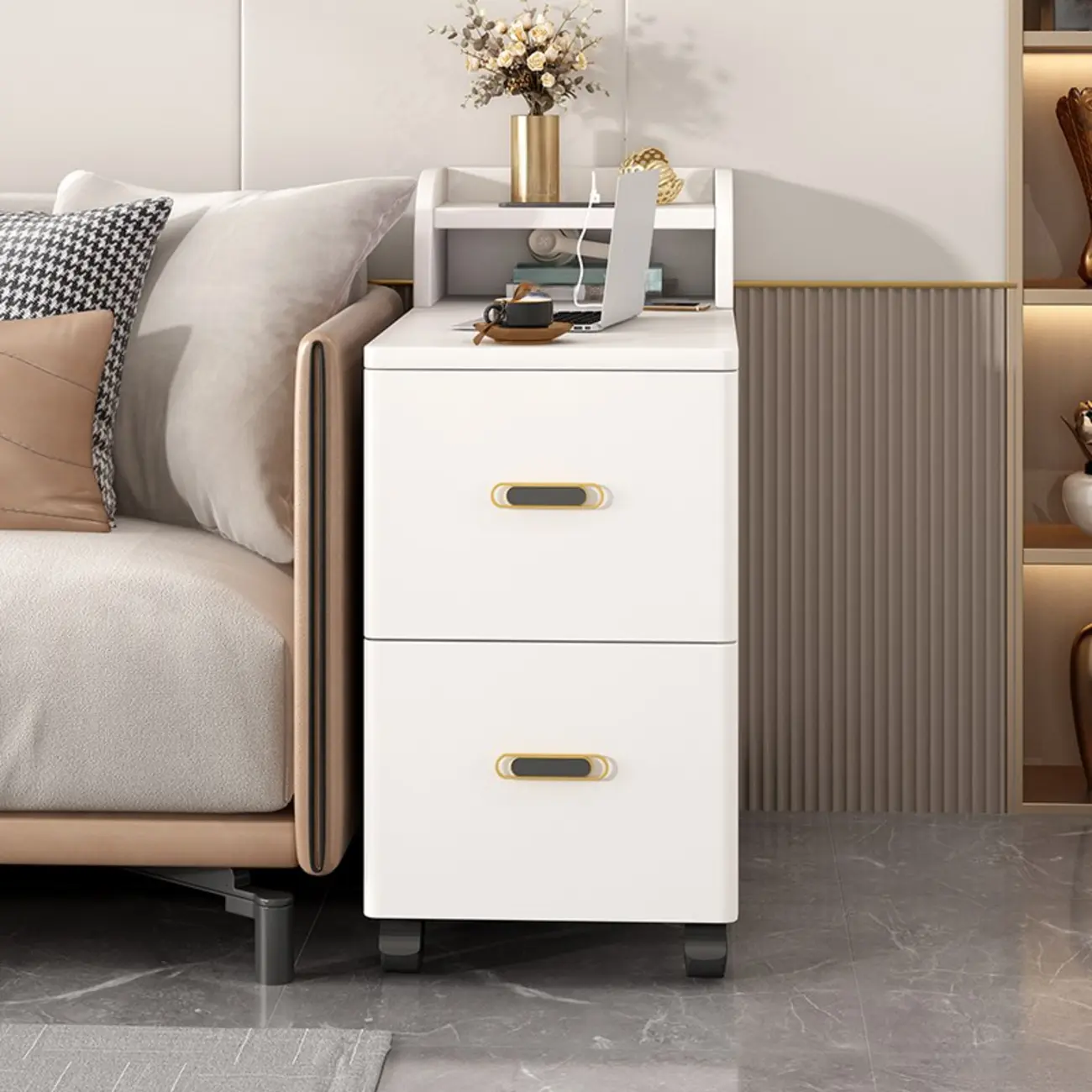 Narrow Rolling White 2-Drawer End Table with USB Charge