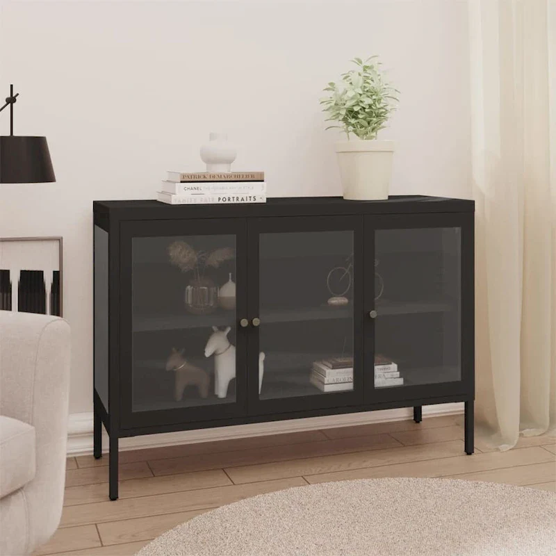 Black Steel & Tempered Glass Sideboard with Adjustable Shelf – 41.3x13.8x27.6