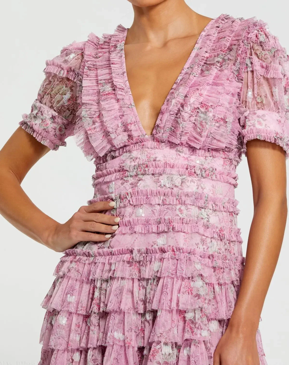 Purple Deep V Lace Back Puff Sleeve Mini Dress