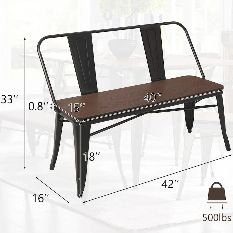 Dining Bench, Entryway Bench with Back, Farmhouse Metal Dining Bench, Industrial Mid-Century 3 Person Bench, Wood Seat