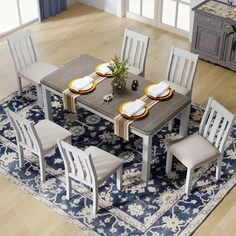 Retro Style 7-Piece Dining Table Set with Extendable Table and 6 Upholstered Chairs
