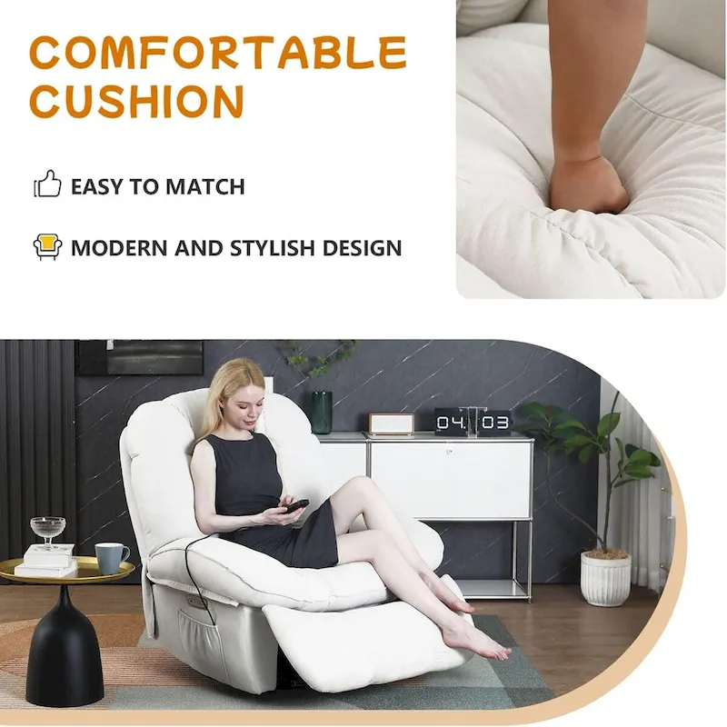 Swivel Power Recliner Chair, Massage Rocker with Heat, USB, USB-C and Side Pocket