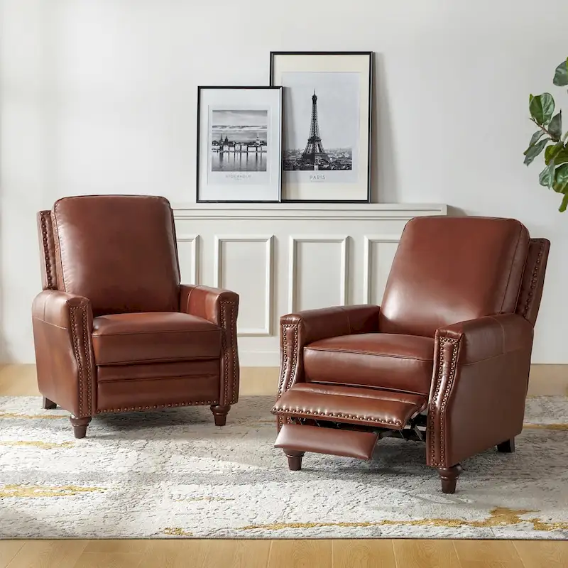 Mid-century Modern Genuine Leather Recliner with Nailhead Trim Set of 2