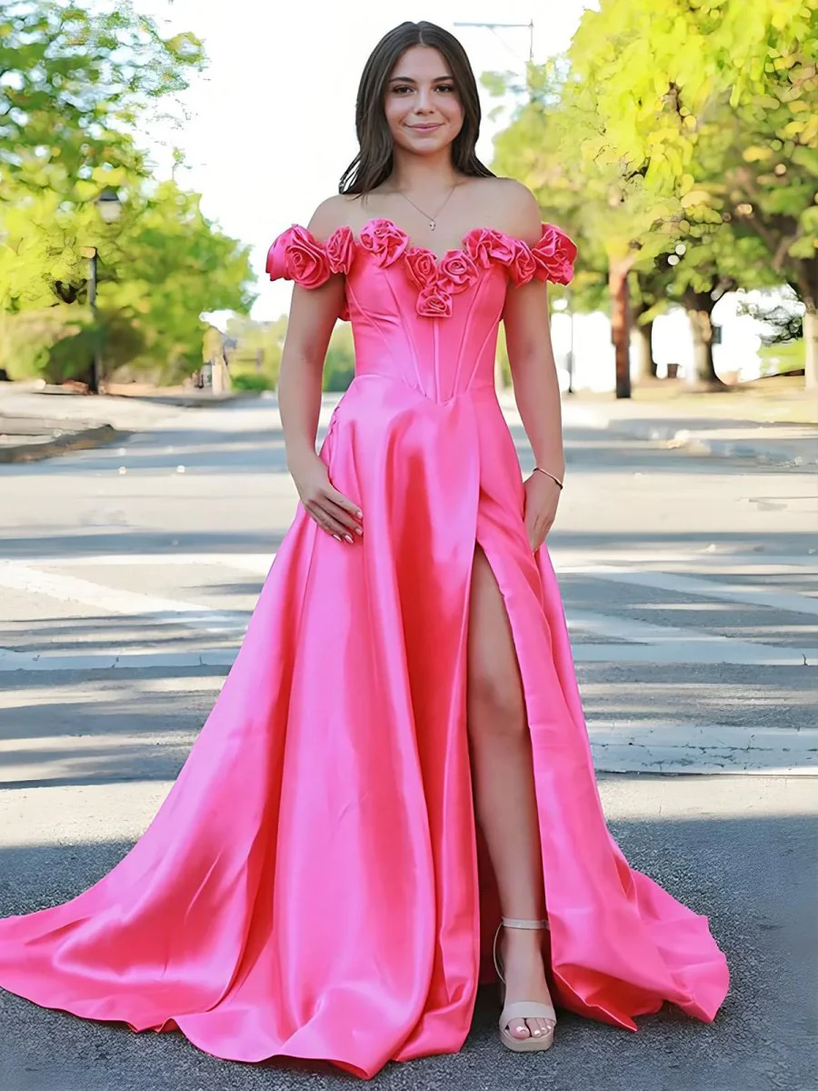 Fuchsia Off the Shoulder Corset Bodice A-Line Prom Dress