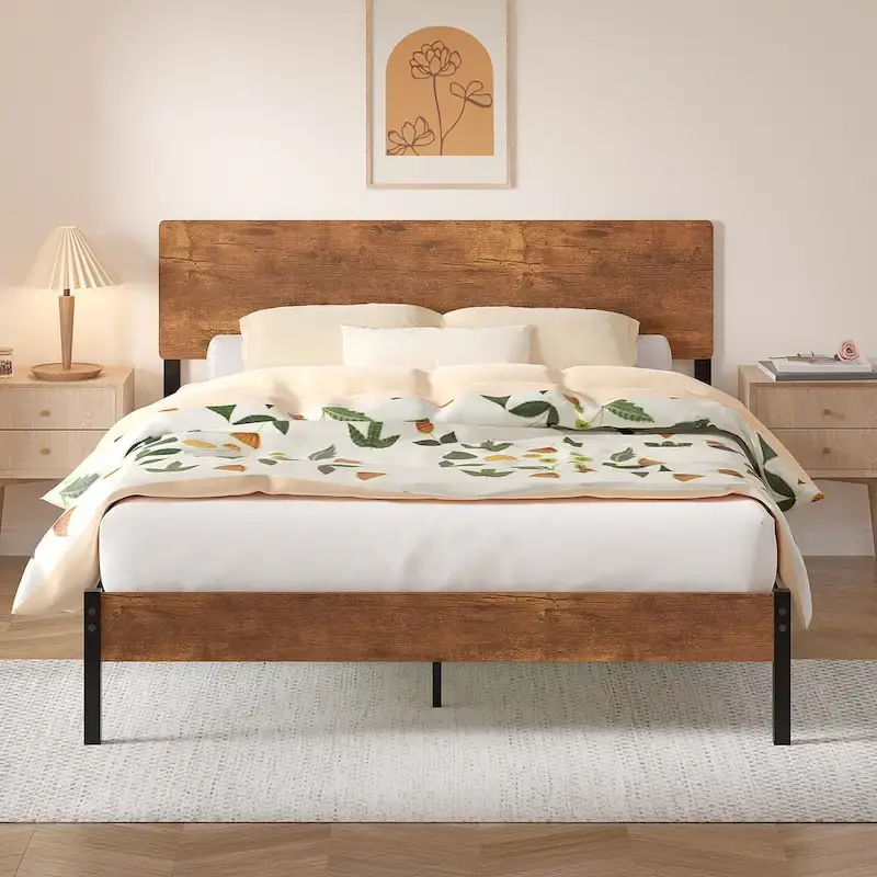 Elegant Iron Queen Bed Frame with MDF Headboard & Footboard - Modern Industrial Style