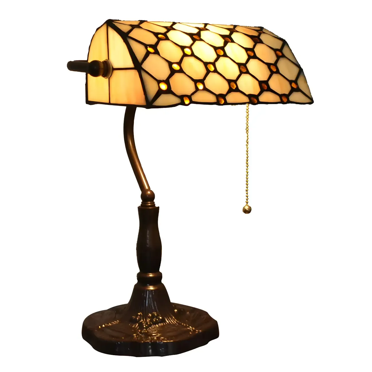 HomeyFad Retro Stained Glass LED Banker Table Lamp in Pull Chain