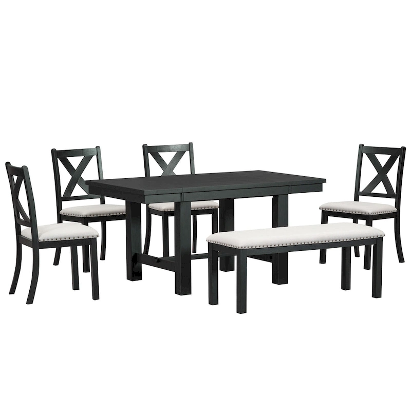 Black 6-Piece Wooden Dining Table Set with Extendable Table & 4 Chairs & Bench