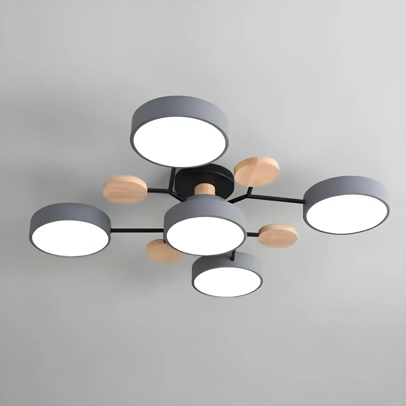 Large Gray Round Metal Semi-Flush Ceiling Light, 7-Light