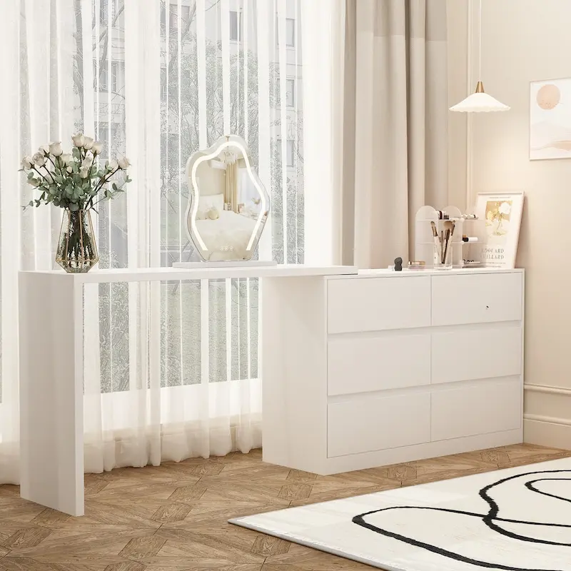 Makeup Desk Rotating Dresser and Desk 6 Drawer Dresser Vanity Makeup