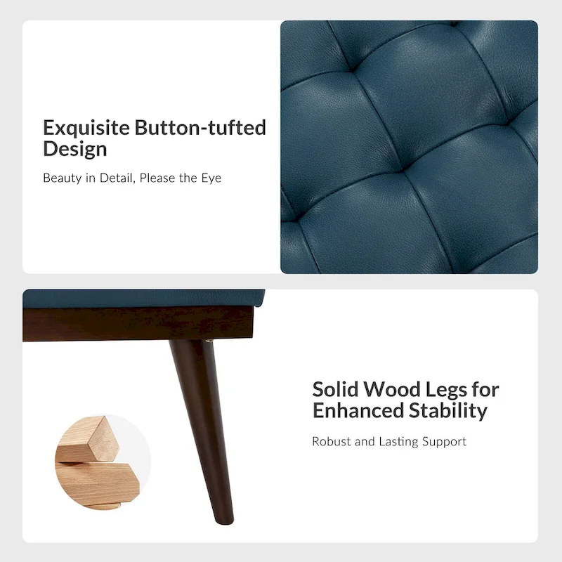 Genuine Leather Tufted Bench with Solid Wood Base